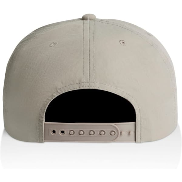 A light grey cap with a plastic adjustable strap at the back, featuring a logo.