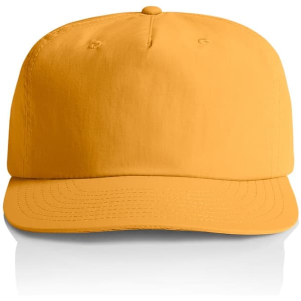 A yellow cap with a rounded crown and a curved peak, featuring a logo on the front.