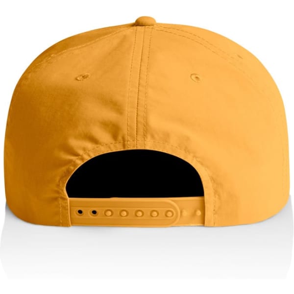 A yellow cap with a snapback closure and a logo on the back.