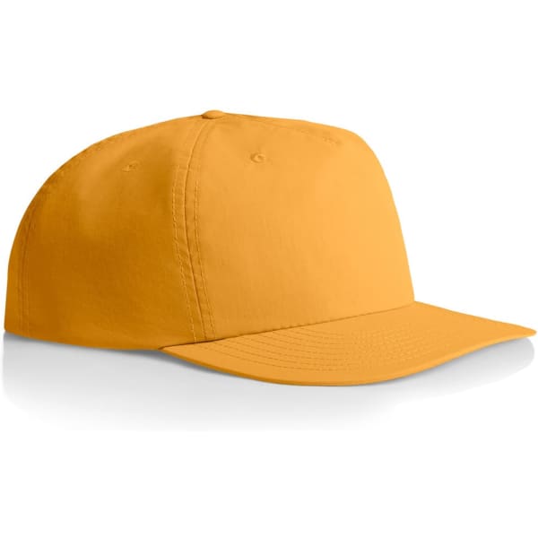 A yellow cap with a curved brim and a structured crown, featuring a logo on the front.