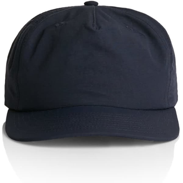 A navy cap with a rounded crown and a curved brim, featuring a logo on the front.