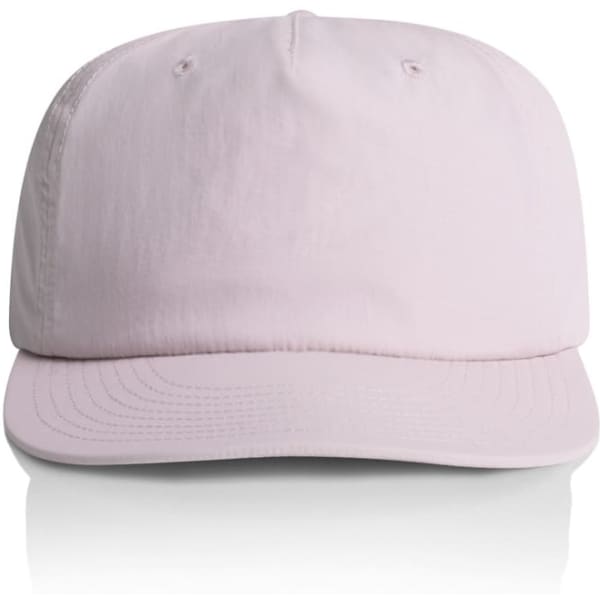 A pink cap with a flat brim and an adjustable strap at the back. It features a logo on the front.