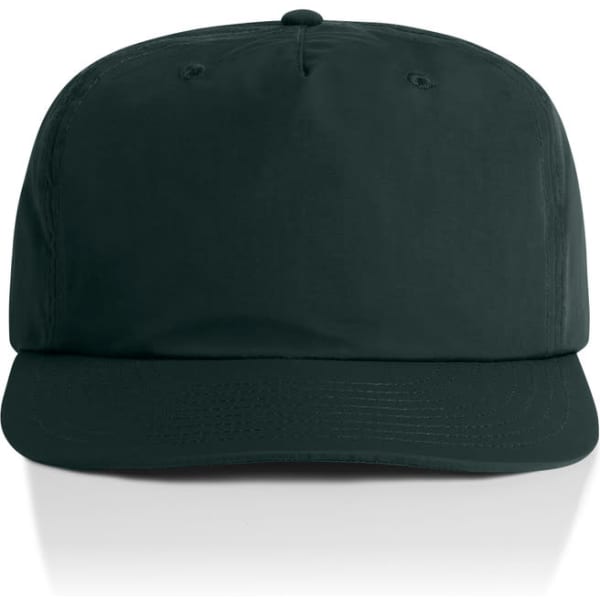 A dark green cap with a flat brim and no visible logos or branding. Features six panels and ventilation holes.