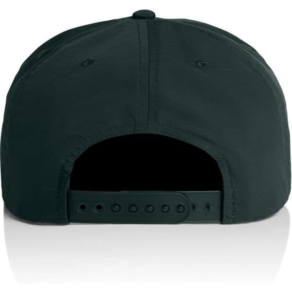 A black cap with a rear adjustable strap and a logo. The design features a smooth finish and a sporty appearance.