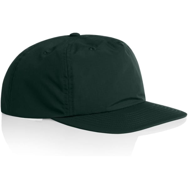 A dark green cap with a flat brim and ventilation holes, featuring a logo on the front.