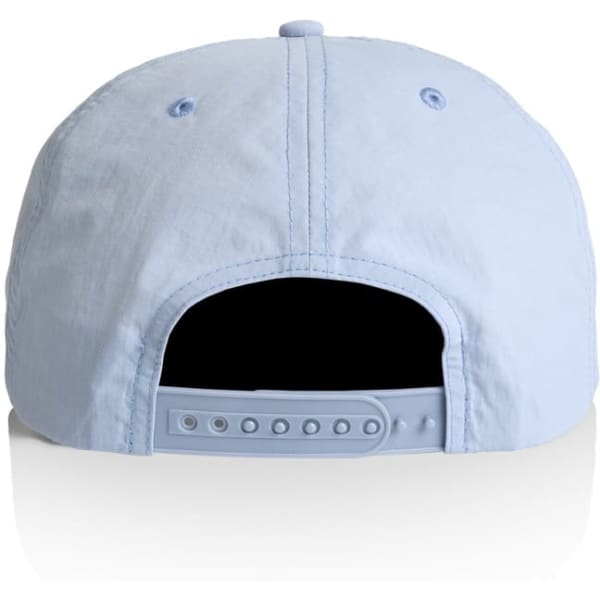 A light blue cap featuring a rear adjustable strap and a logo on the back.