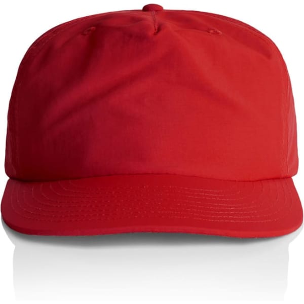 A red cap with a curved brim and a logo on the front. The cap features a structured design.