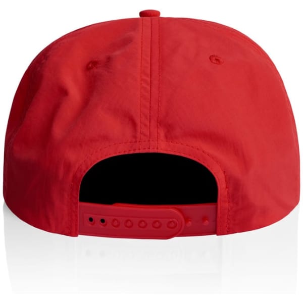 A red cap featuring an adjustable strap at the back and a branded logo.