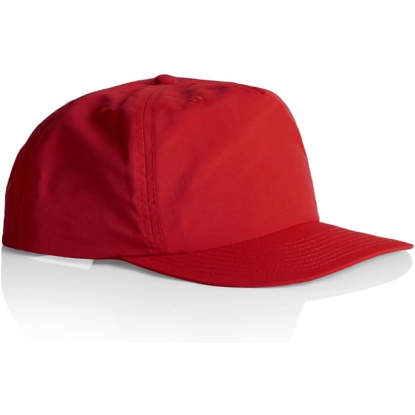 A red cap featuring a structured design and a curved brim, with a logo on the front.