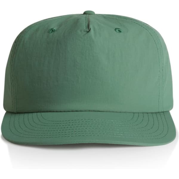 A green cap with a rounded peak and an adjustable strap, featuring a logo on the front.