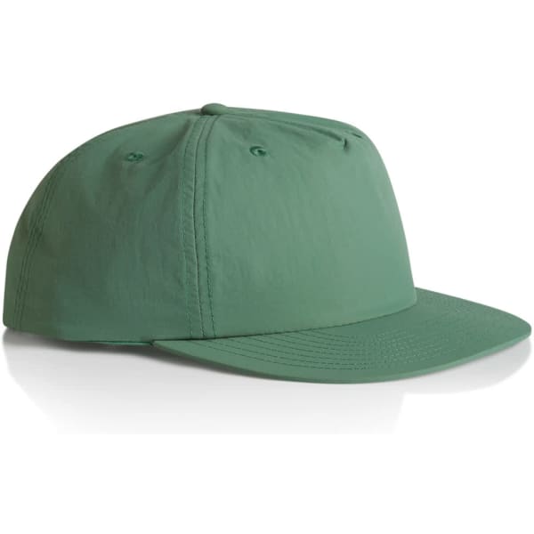 A green cap with a flat brim and ventilation holes, featuring a logo on the front.