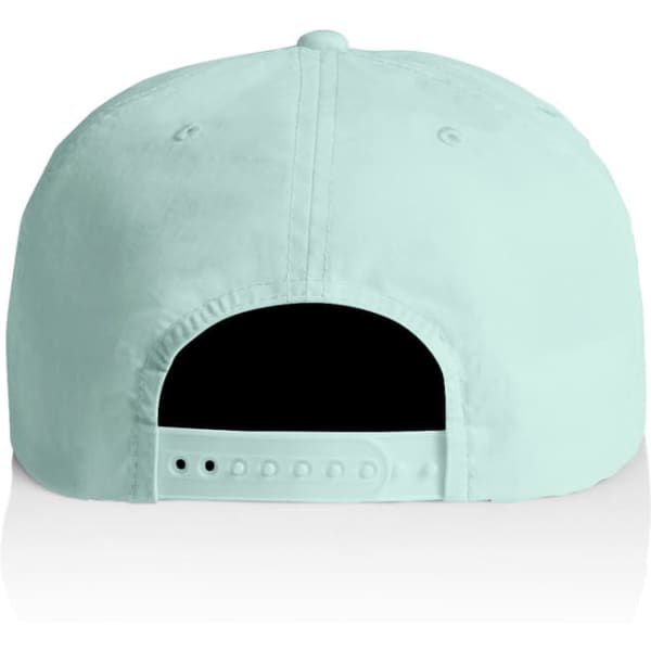 A mint green cap featuring an adjustable strap at the back and a logo on the side.