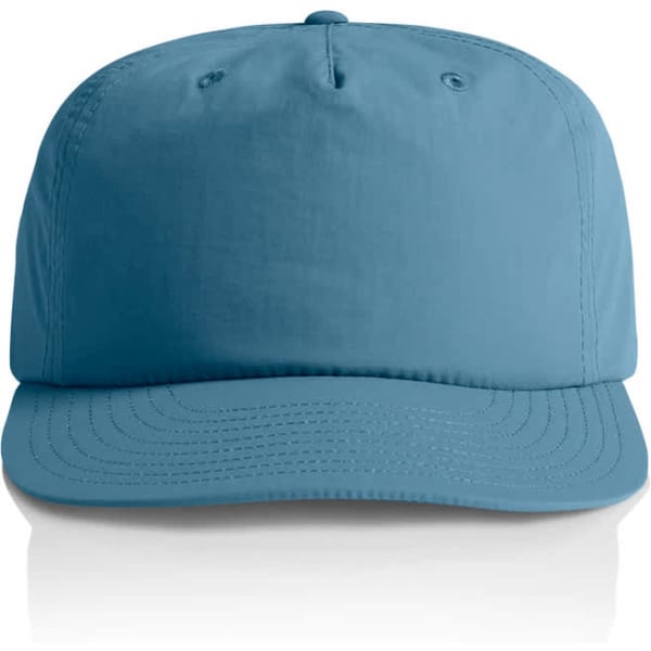 A blue cap with a structured design and a logo on the front.