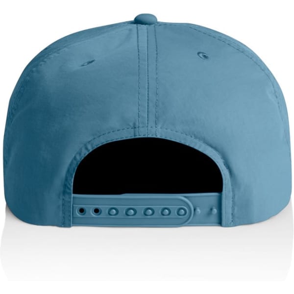 A blue cap featuring a logo, viewed from the back with an adjustable strap.