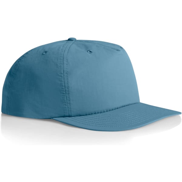 A blue cap with a structured design and curved brim, featuring an unspecified logo.