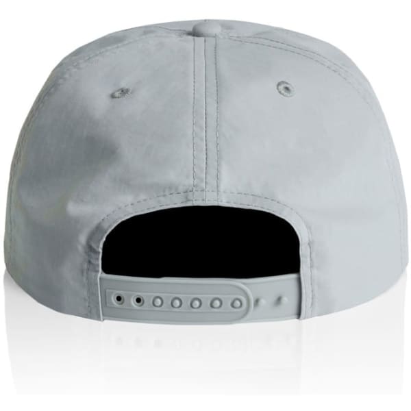 A grey cap with a snapback closure, featuring a logo on the back.