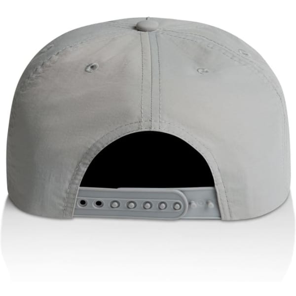 A grey cap featuring a rear adjustable strap and a branded logo.