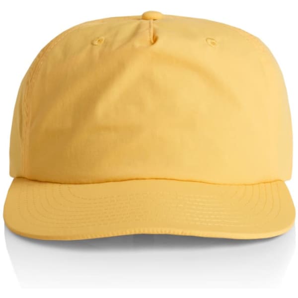 A yellow cap with a curved brim and a logo on the front, featuring a classic baseball cap design.