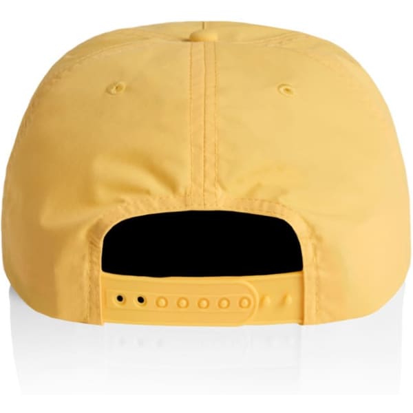 A yellow cap with a snapback closure and a plain black interior, featuring a logo on the back.