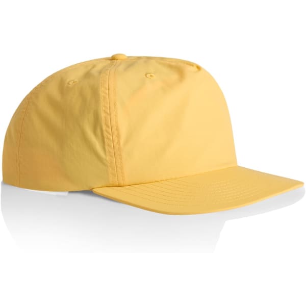 A yellow cap with a curved brim and a logo on the side. The design is simple and sleek.