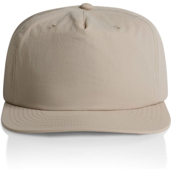 A beige cap with a curved brim and a top button, featuring a logo on the front.