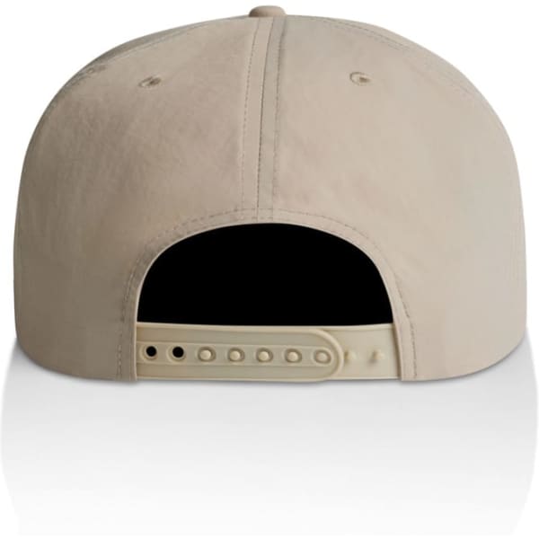 A beige cap with an adjustable strap at the back, featuring a logo. Suitable for casual wear.