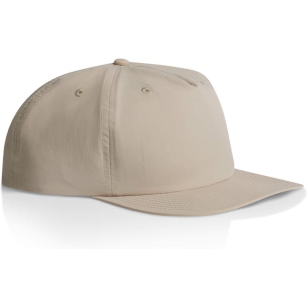 A beige cap with a slightly curved brim and a logo on the front.