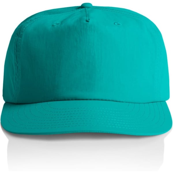 A teal cap with a curved brim and a secure back strap, featuring a logo on the front.