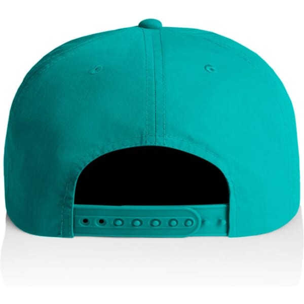A turquoise cap with a flat brim and an adjustable strap at the back, featuring a logo.