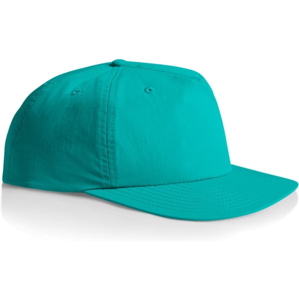 A turquoise cap with a flat brim and a logo on the front, featuring a structured design.