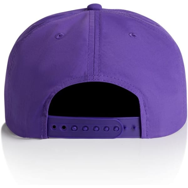 A purple cap featuring a snapback closure and a logo on the back.