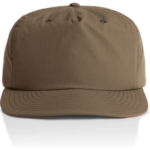A brown cap featuring a logo on the front, designed for headwear use.