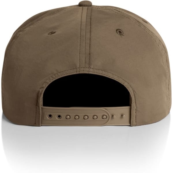 A tan cap with an adjustable strap at the back, featuring ventilation holes and a logo branding.