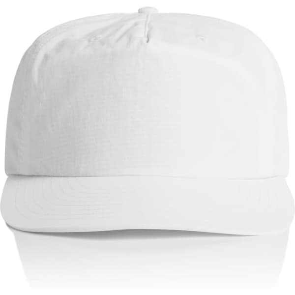 A white cap with a flat brim and a logo on the front. The design is simple and clean.