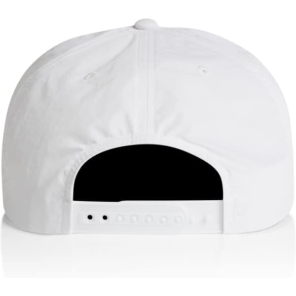 A white cap with a flat brim and adjustable strap at the back, featuring a logo.