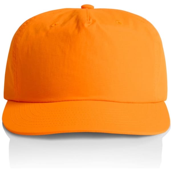 An orange cap with a curved brim, featuring a logo on the front.