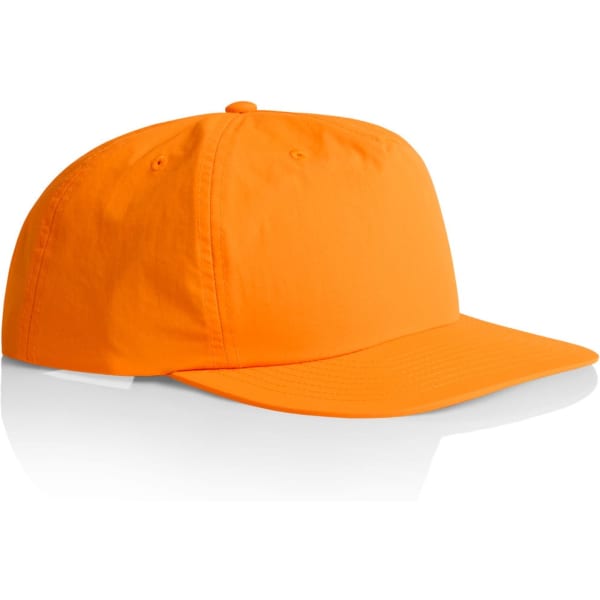 An orange cap with a curved brim and a logo. It features a classic design suitable for headwear.