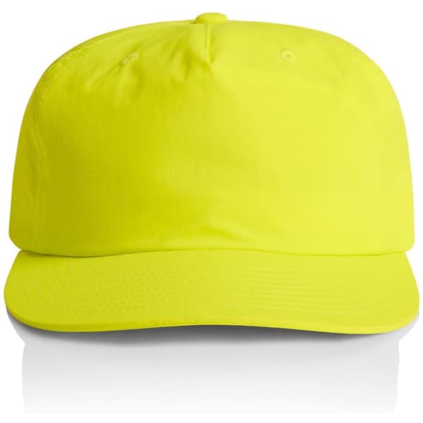A bright yellow cap with a structured brim and a logo on the front.