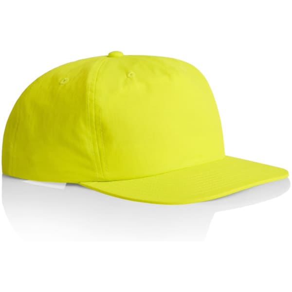 A bright yellow cap with a curved brim, featuring a logo on the front and a smooth finish.