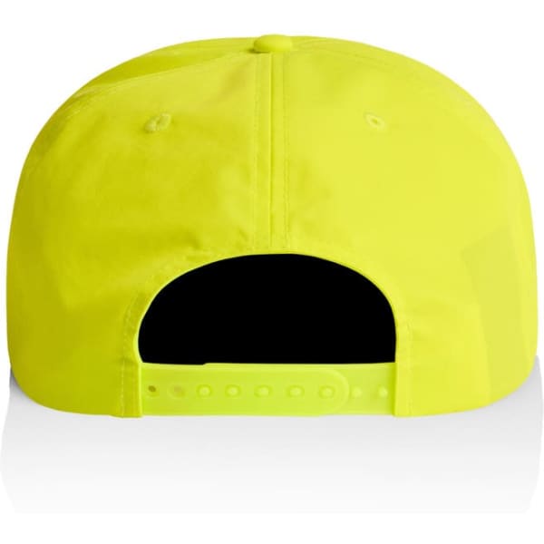 A bright yellow cap with a flat brim and an adjustable snapback closure at the back, featuring a logo.