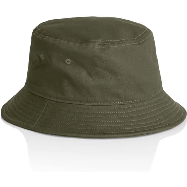 A green bucket hat with a wide brim and ventilation holes, featuring a simple design and a logo.