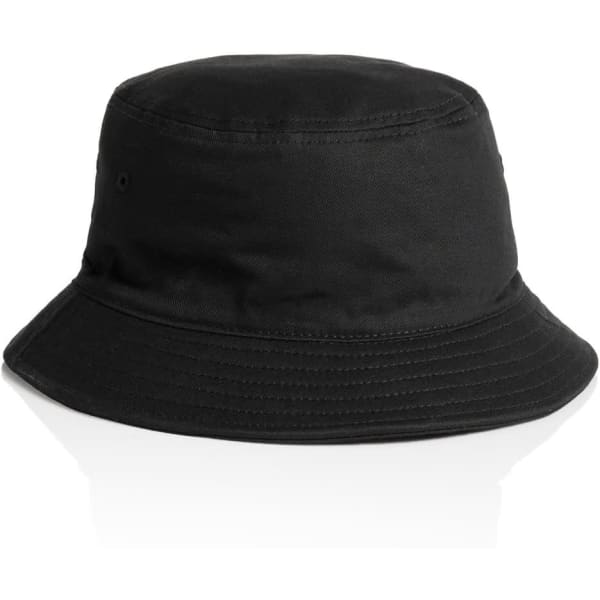 A black bucket hat featuring a sturdy brim and a simple design, with a logo on the side.