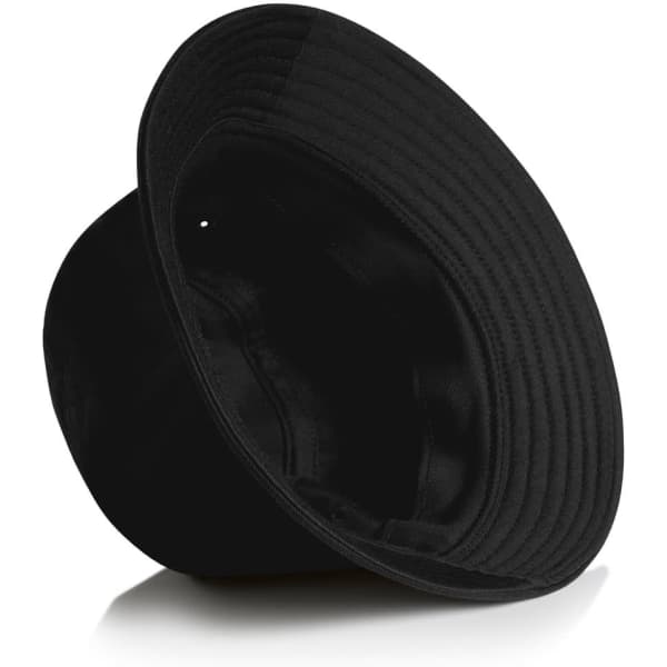 A black bucket hat featuring a wide brim and an interior lining. The hat has a logo on the inside.