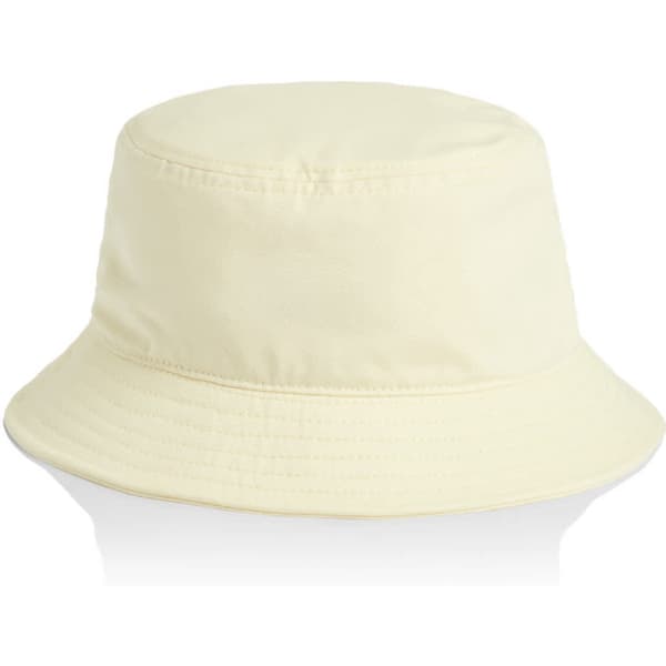 A yellow bucket hat with a wide brim and a simple, unembellished design. It features a logo on the side.