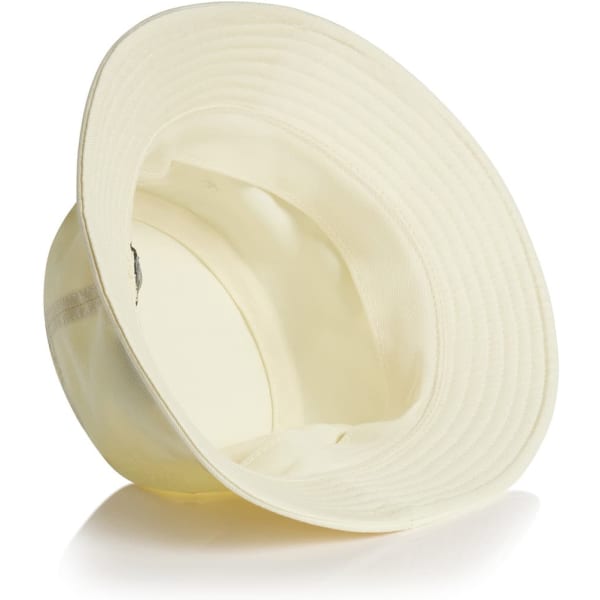 A cream bucket hat featuring a wide brim and an interior lining, with a small logo on the side.