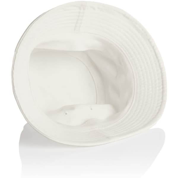 A white bucket hat featuring a wide brim and an inner lining, with ventilation holes and a logo.