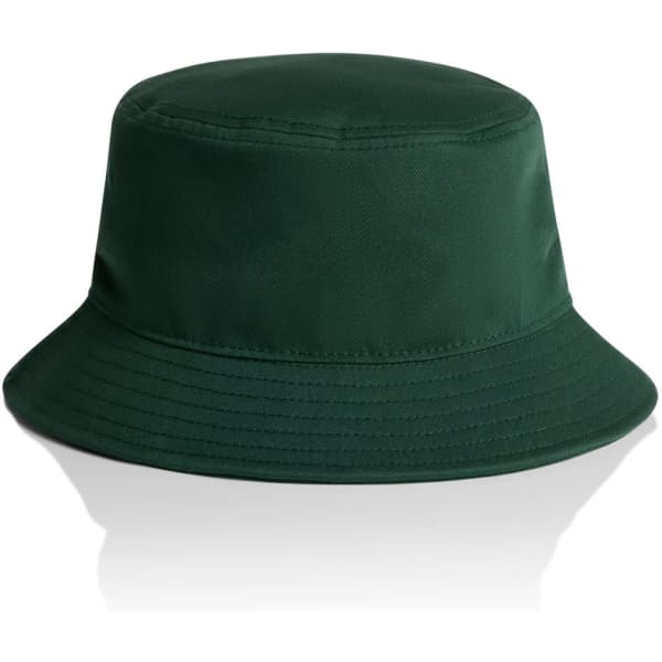 A green bucket hat with a wide brim, featuring a simple design and a logo.