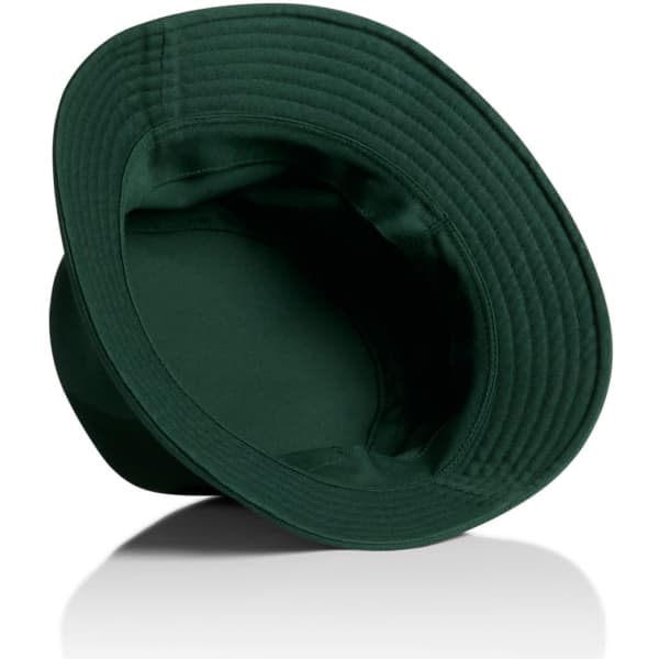 A green bucket hat with a wide brim and a smooth interior lining. The hat features a logo on the side.
