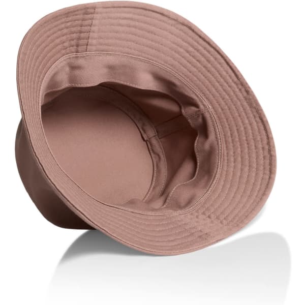 A brown bucket hat with a wide brim and a soft interior lining, featuring a logo inside.