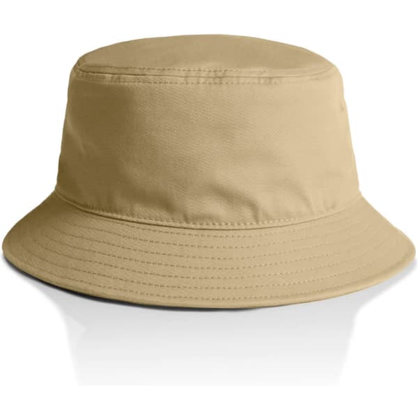 A khaki bucket hat with a wide brim and a simple design, featuring a logo on the side.